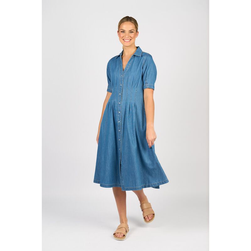 Vassalli Cap Sleeve Shaped Waist Button Up Dress With Pockets image number 3